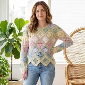 Vtg Bedford Fair Pastel Crochet Granny Square Patchwork Sweater Cottagecore L